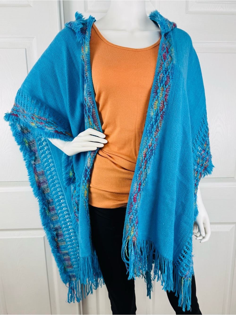 Turquoise Fringe Knit Poncho